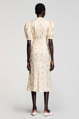 Aprikose A Linie Hochgeschlossenes Hochzeitsgastkleid mit Druck und Schleife