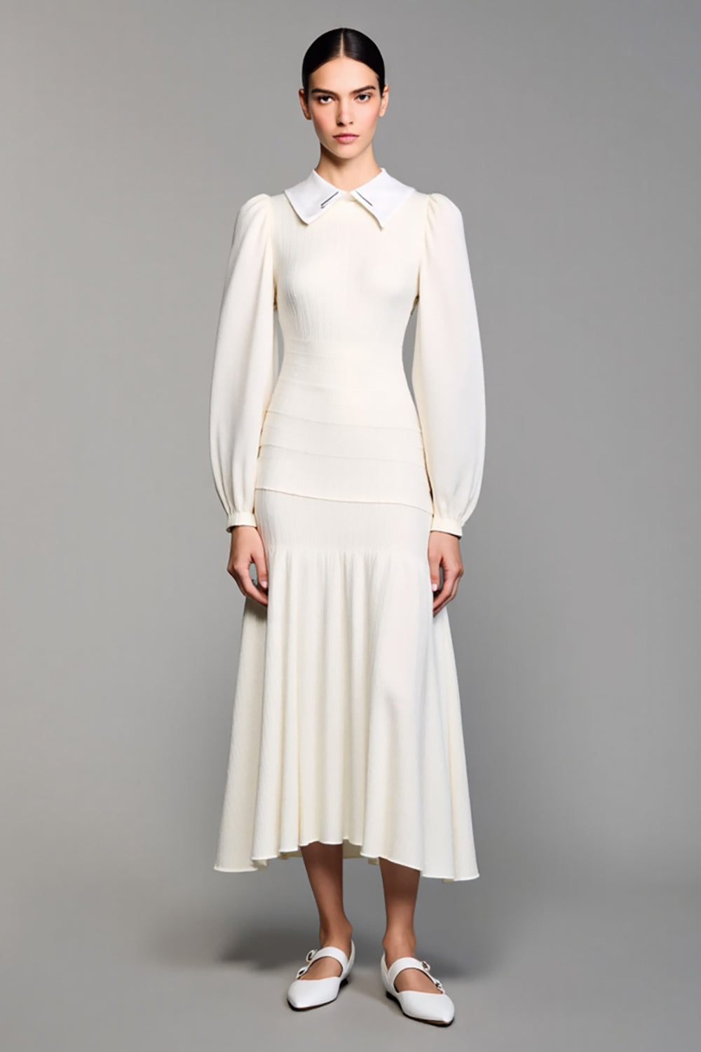 Langärmeliges Revers A-Linie Elfenbein Hochzeitsgastkleid