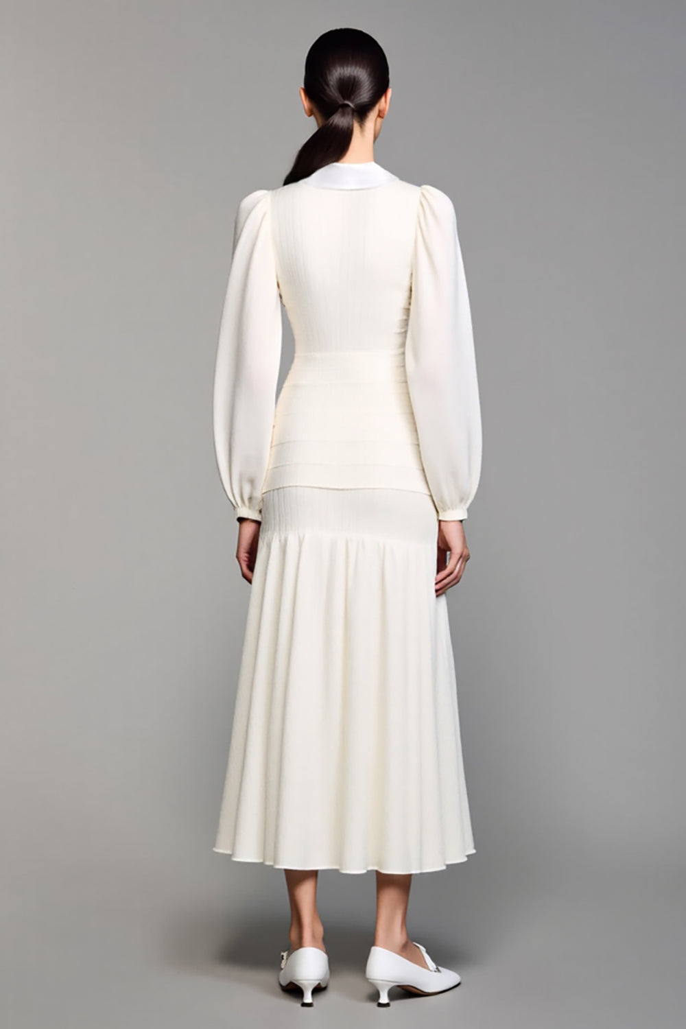 Langärmeliges Revers A-Linie Elfenbein Hochzeitsgastkleid