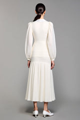 Langärmeliges Revers A-Linie Elfenbein Hochzeitsgastkleid