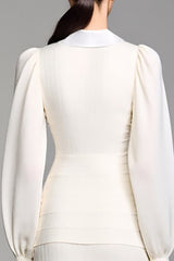 Langärmeliges Revers A-Linie Elfenbein Hochzeitsgastkleid