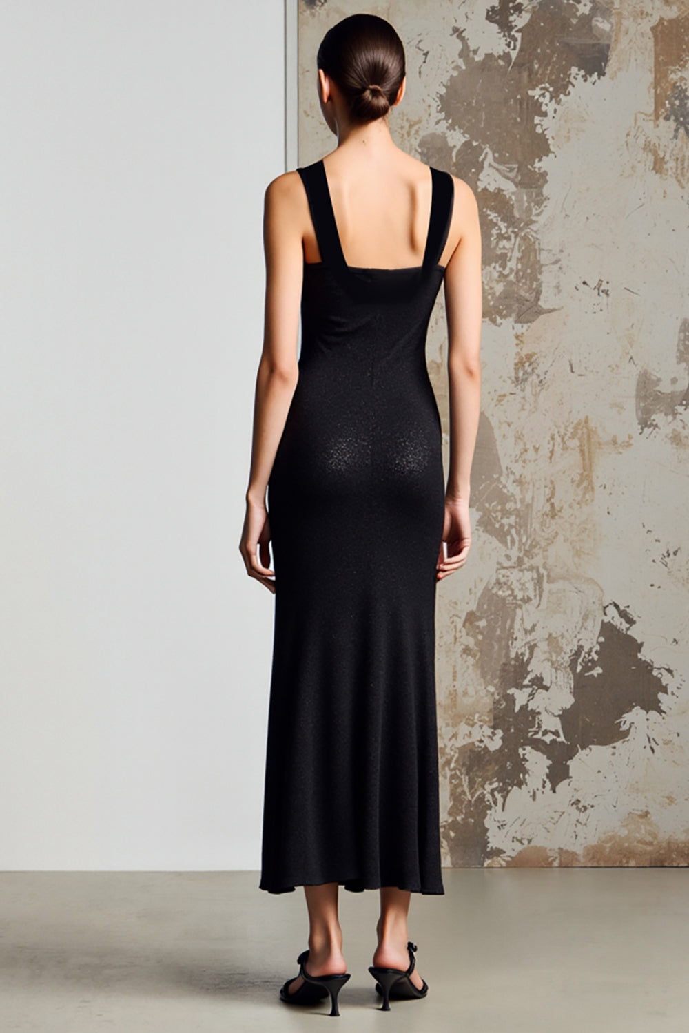 Einfaches Schwarzes Langes Hochzeitsgastkleid in A-Linie