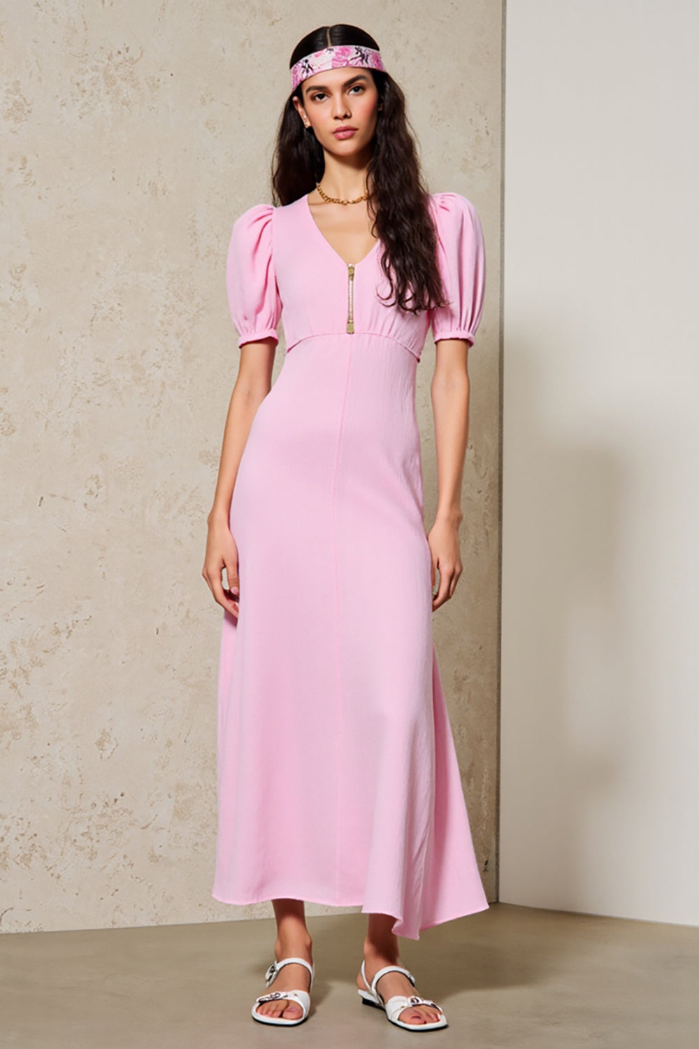 Rosa A-Linie V-Ausschnitt Langes Hochzeitsgastkleid