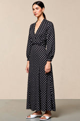 Schwarzes Polka Dot Langarm A-Linie Hochzeitsgastkleid