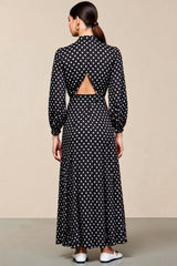 Schwarzes Polka Dot Langarm A-Linie Hochzeitsgastkleid