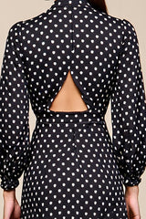 Schwarzes Polka Dot Langarm A-Linie Hochzeitsgastkleid