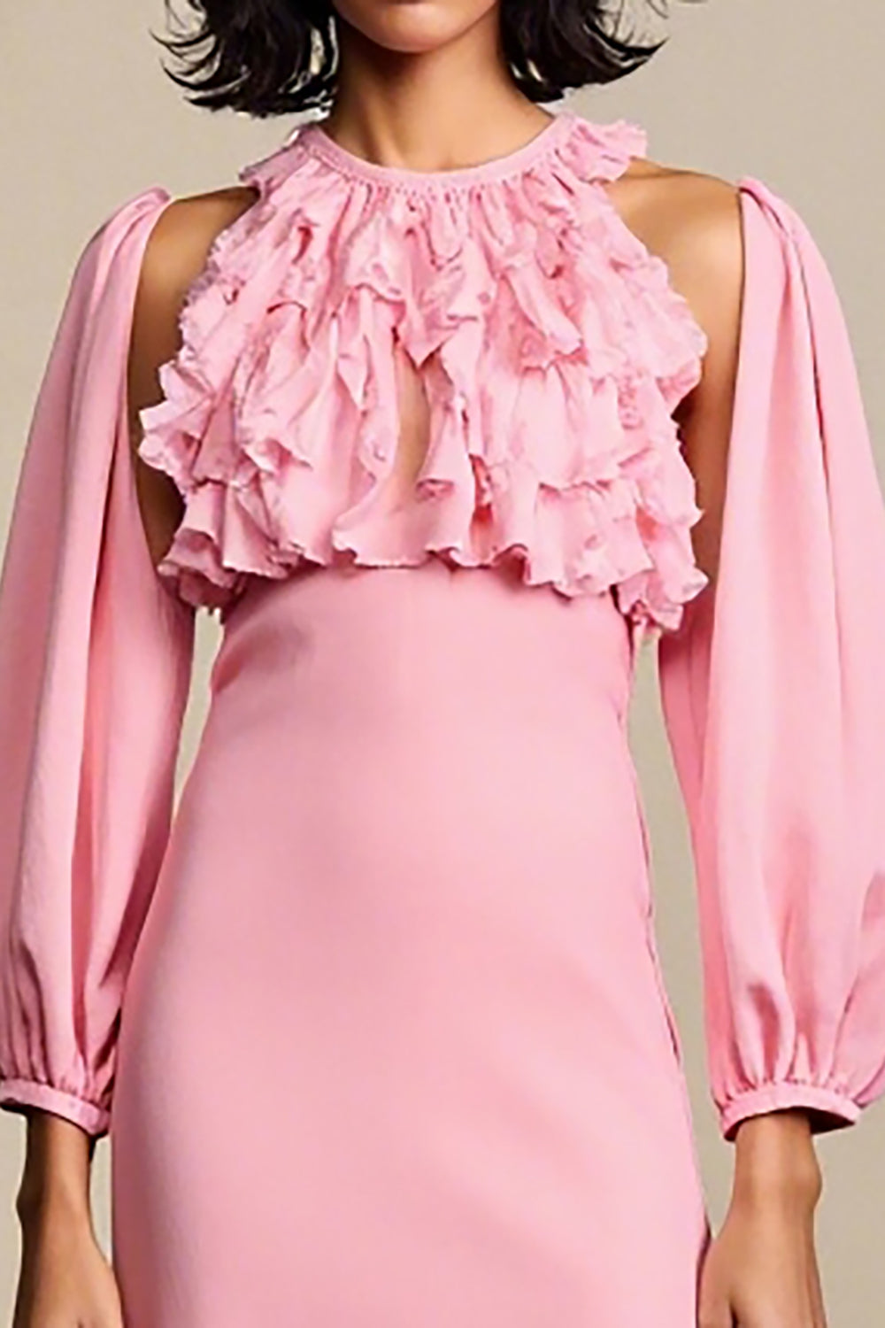 Rosa Gerüschtes A-Linie Hochzeitsgastkleid mit abnehmbaren Ärmeln