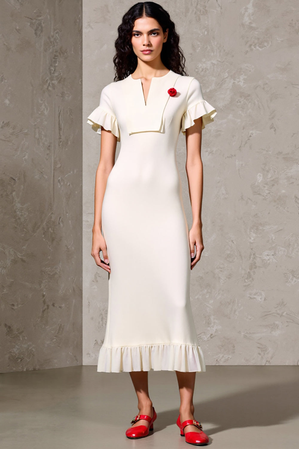 Etui Elfenbein Midi Hochzeitsgastkleid