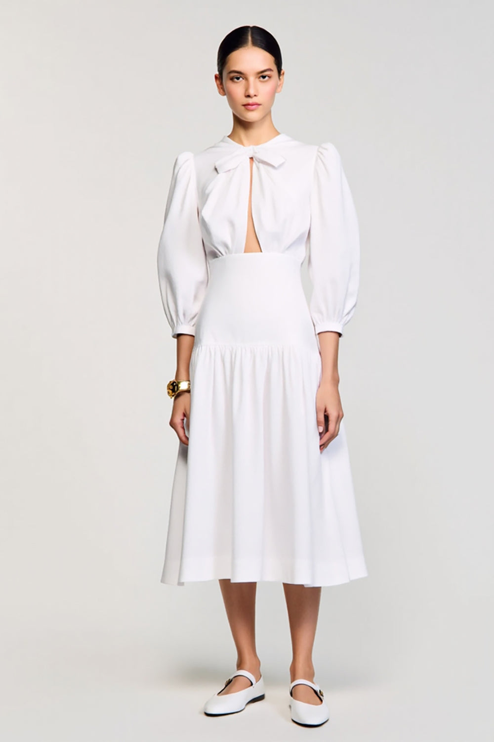 A Linie Weißes Midikleid für Hochzeitsgäste mit Schleife