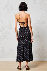 Schwarzes A-Linie Polka Dot Spaghettiträger Hochzeitsgastkleid