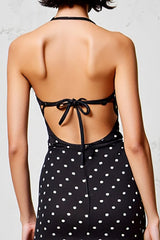 Schwarzes A-Linie Polka Dot Spaghettiträger Hochzeitsgastkleid