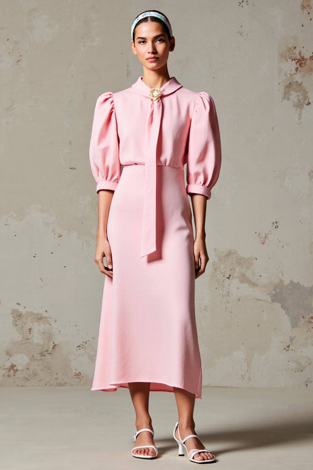 Rosa A-Linie Halbärmeliges Hochzeitsgastkleid mit Schärpe