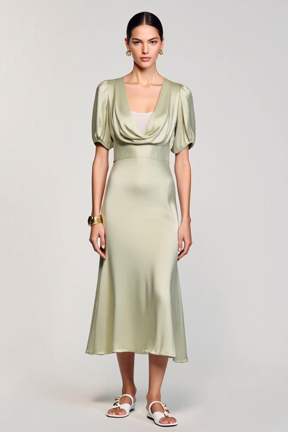 Wasserfallausschnitt A-Linie Satin Hochzeitsgastkleid