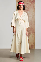 A Linie Elfenbein V-Ausschnitt Langes Hochzeitsgastkleid mit Schleife