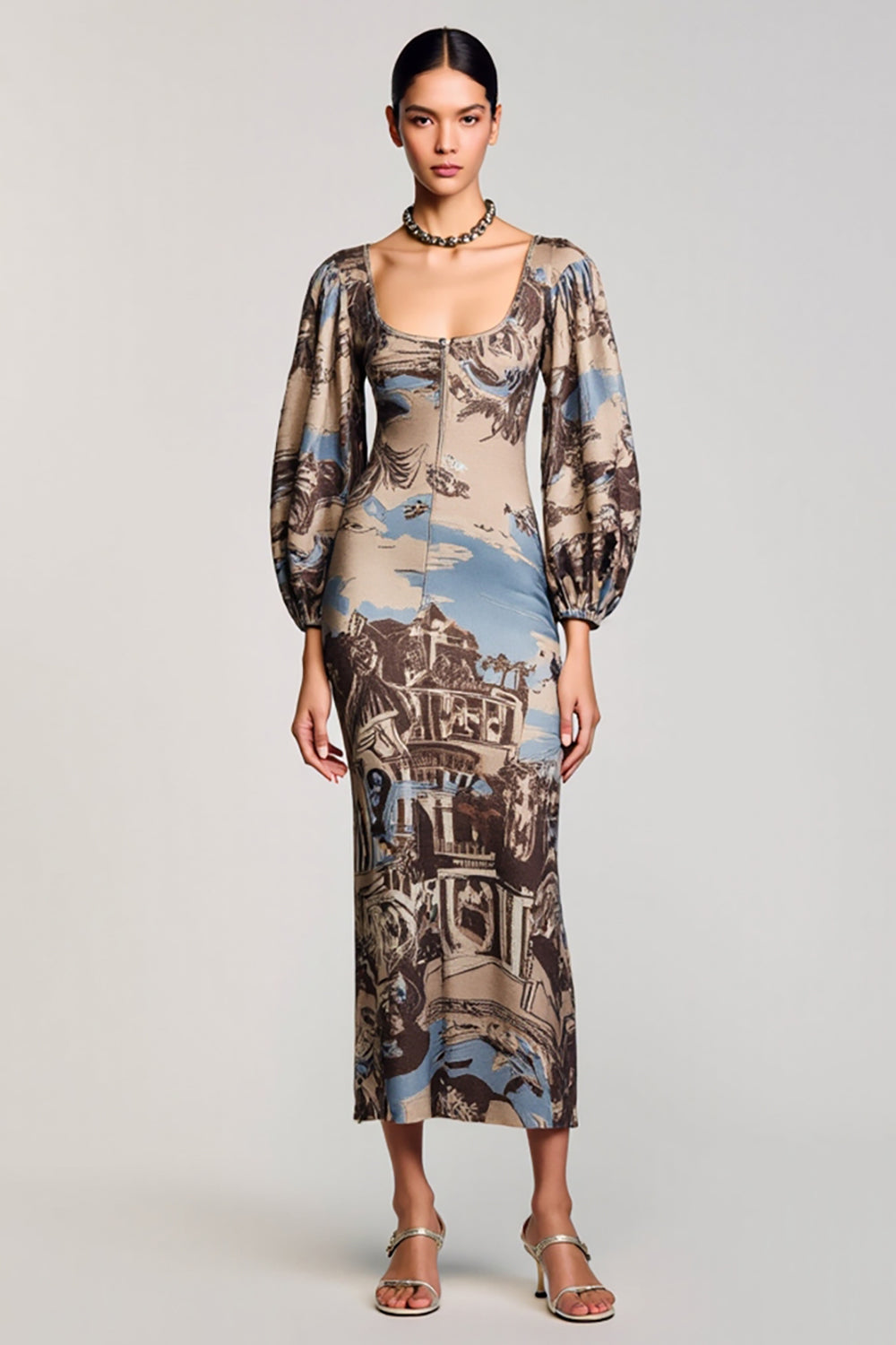 Kaffee Langärmeliges Bedrucktes Kleid für Hochzeitsgäste mit quadratischem Ausschnitt