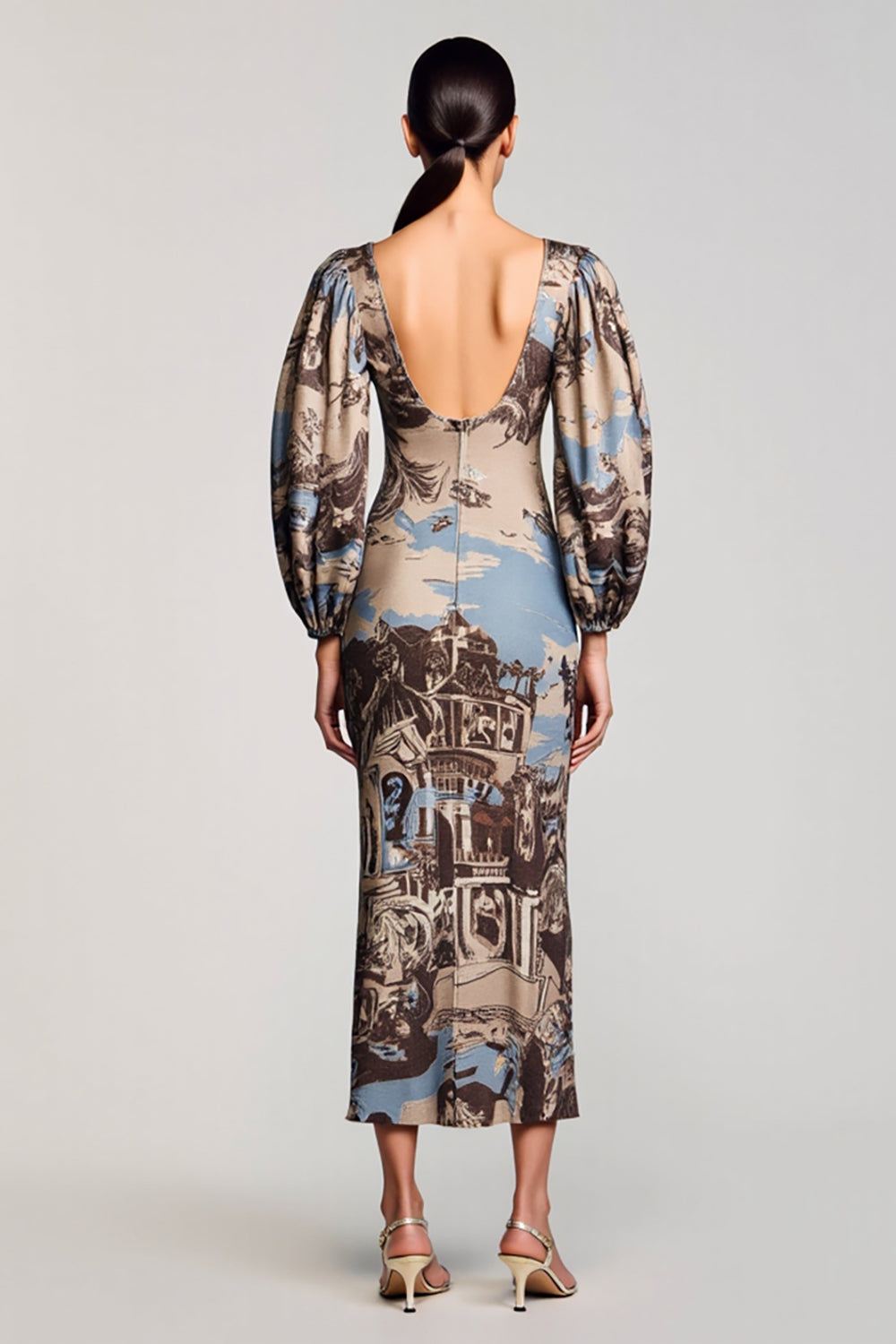 Kaffee Langärmeliges Bedrucktes Kleid für Hochzeitsgäste mit quadratischem Ausschnitt