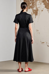 A Linie V-Ausschnitt Midi Schwarzes Hochzeitsgastkleid mit Schärpe