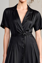 A Linie V-Ausschnitt Midi Schwarzes Hochzeitsgastkleid mit Schärpe