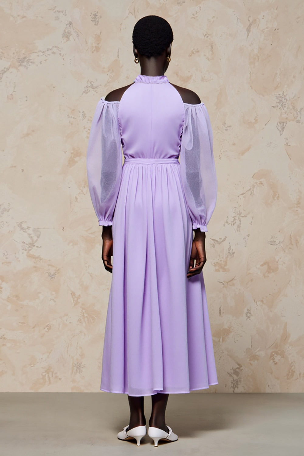 Kalte Schulter Lila A Linie Langes Hochzeitsgastkleid