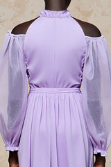 Kalte Schulter Lila A Linie Langes Hochzeitsgastkleid