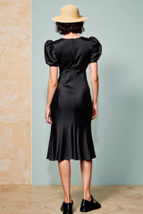 Schwarzes Midikleid für Hochzeitsgäste mit Puffärmeln in A-Linie