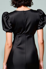 Schwarzes Midikleid für Hochzeitsgäste mit Puffärmeln in A-Linie