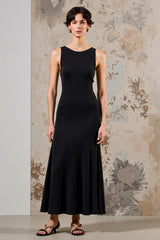 Einfaches Schwarzes Langes Hochzeitsgastkleid aus Satin mit Rundhalsausschnitt