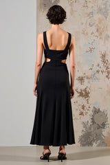 Einfaches Schwarzes Langes Hochzeitsgastkleid aus Satin mit Rundhalsausschnitt