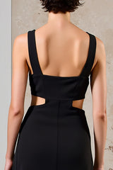 Einfaches Schwarzes Langes Hochzeitsgastkleid aus Satin mit Rundhalsausschnitt