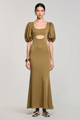 Olive Schlüsselloch Langes Hochzeitsgastkleid mit quadratischem Ausschnitt und Puffärmeln