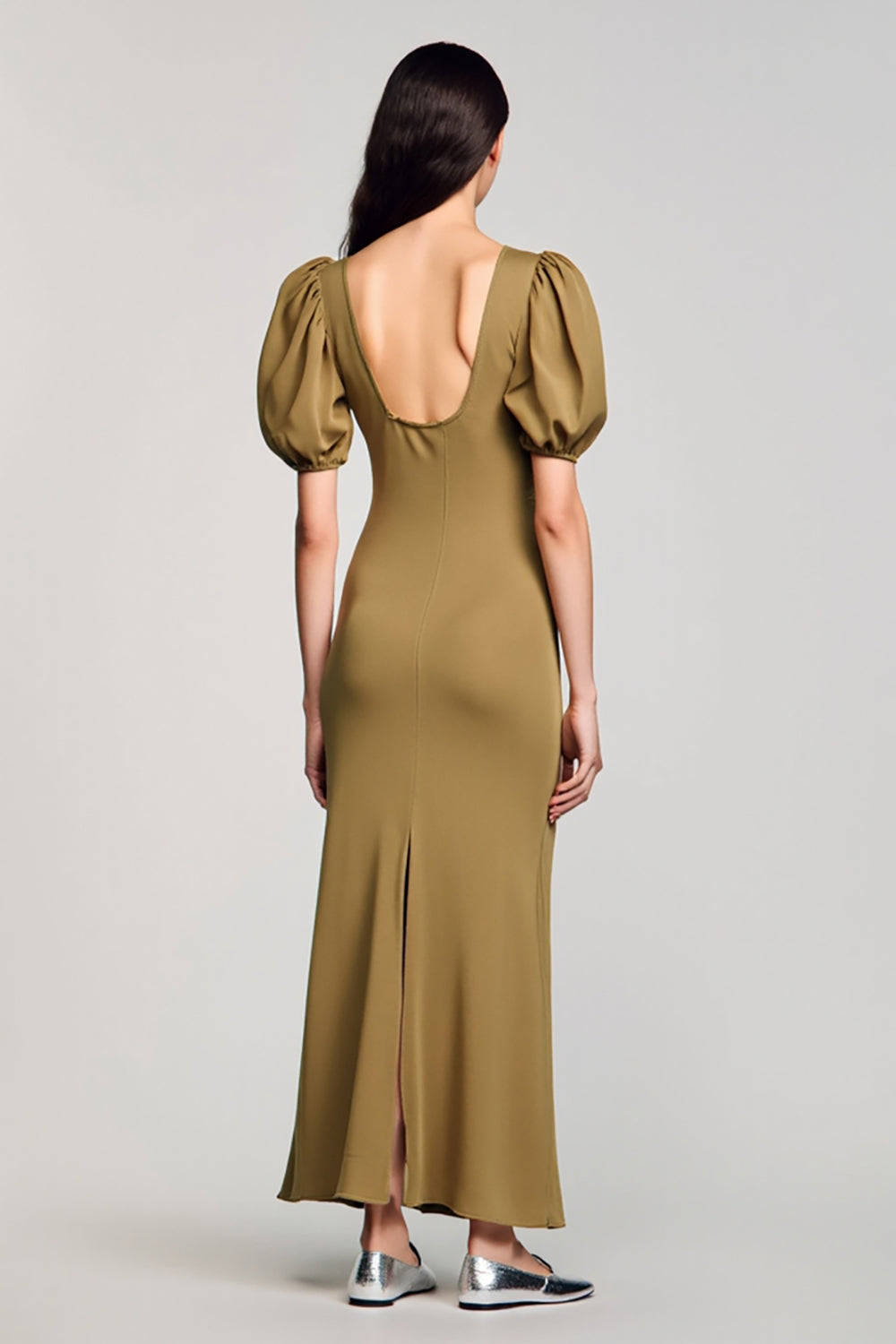 Olive Schlüsselloch Langes Hochzeitsgastkleid mit quadratischem Ausschnitt und Puffärmeln