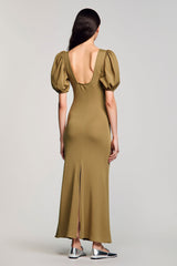Olive Schlüsselloch Langes Hochzeitsgastkleid mit quadratischem Ausschnitt und Puffärmeln