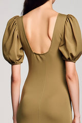 Olive Schlüsselloch Langes Hochzeitsgastkleid mit quadratischem Ausschnitt und Puffärmeln