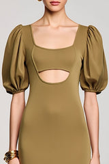 Olive Schlüsselloch Langes Hochzeitsgastkleid mit quadratischem Ausschnitt und Puffärmeln
