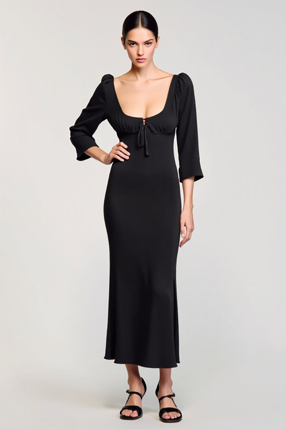 Schwarzes Langes Hochzeitskleid aus Satin mit quadratischem Ausschnitt und 3/4 Ärmeln