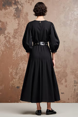 Schwarzes Midi Midikleid für Hochzeitsgäste mit V-Ausschnitt und halben Ärmeln