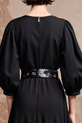 Schwarzes Midi Midikleid für Hochzeitsgäste mit V-Ausschnitt und halben Ärmeln