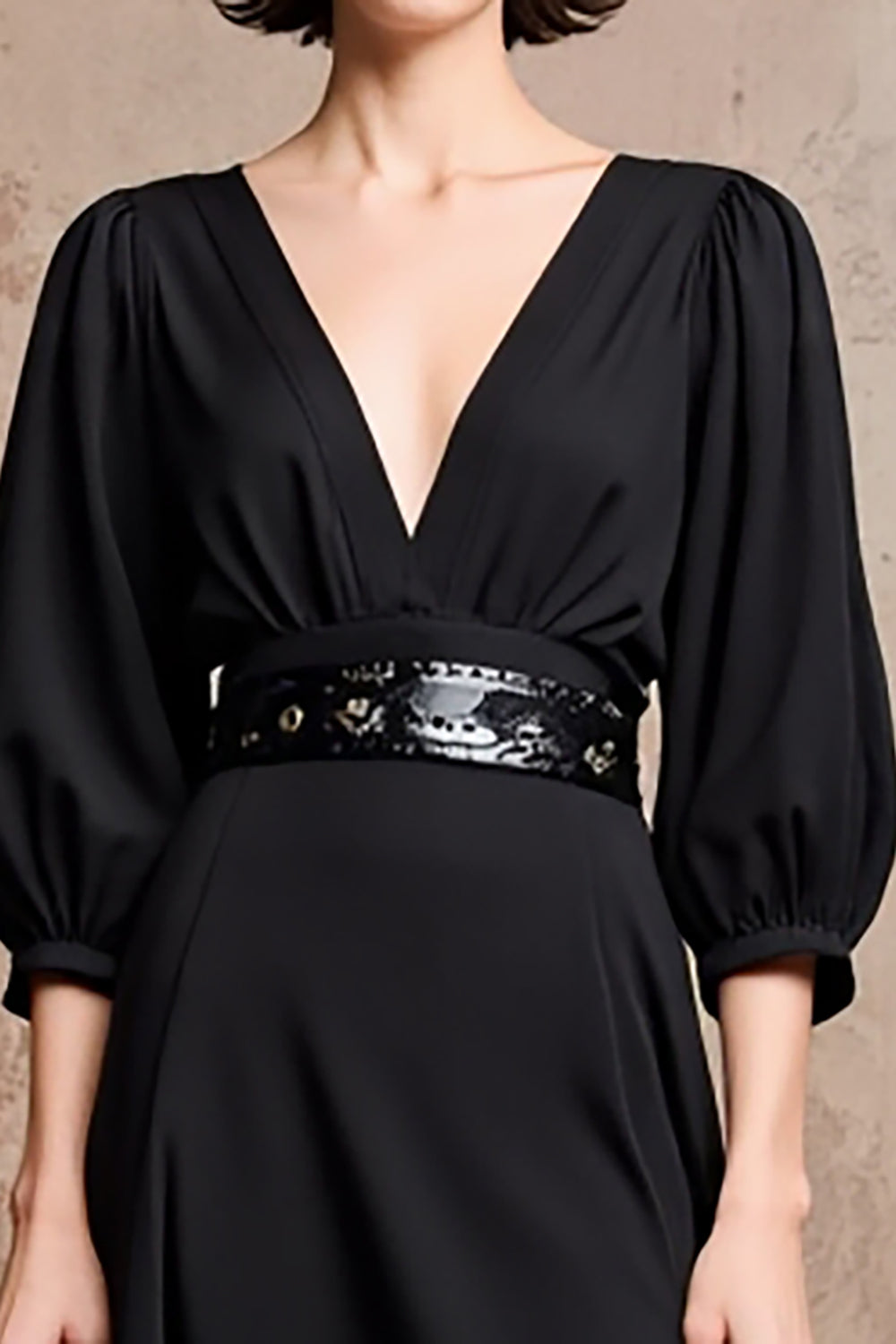 Schwarzes Midi Midikleid für Hochzeitsgäste mit V-Ausschnitt und halben Ärmeln