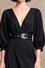 Schwarzes Midi Midikleid für Hochzeitsgäste mit V-Ausschnitt und halben Ärmeln