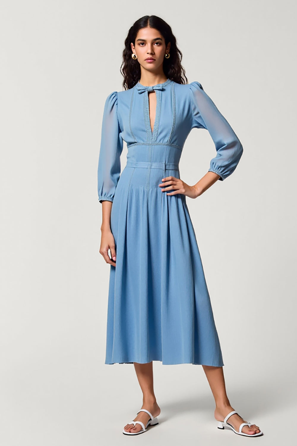 Blaues A Linie Midi Kleid für Hochzeitsgäste mit Schlüsselloch und 3/4 Ärmeln