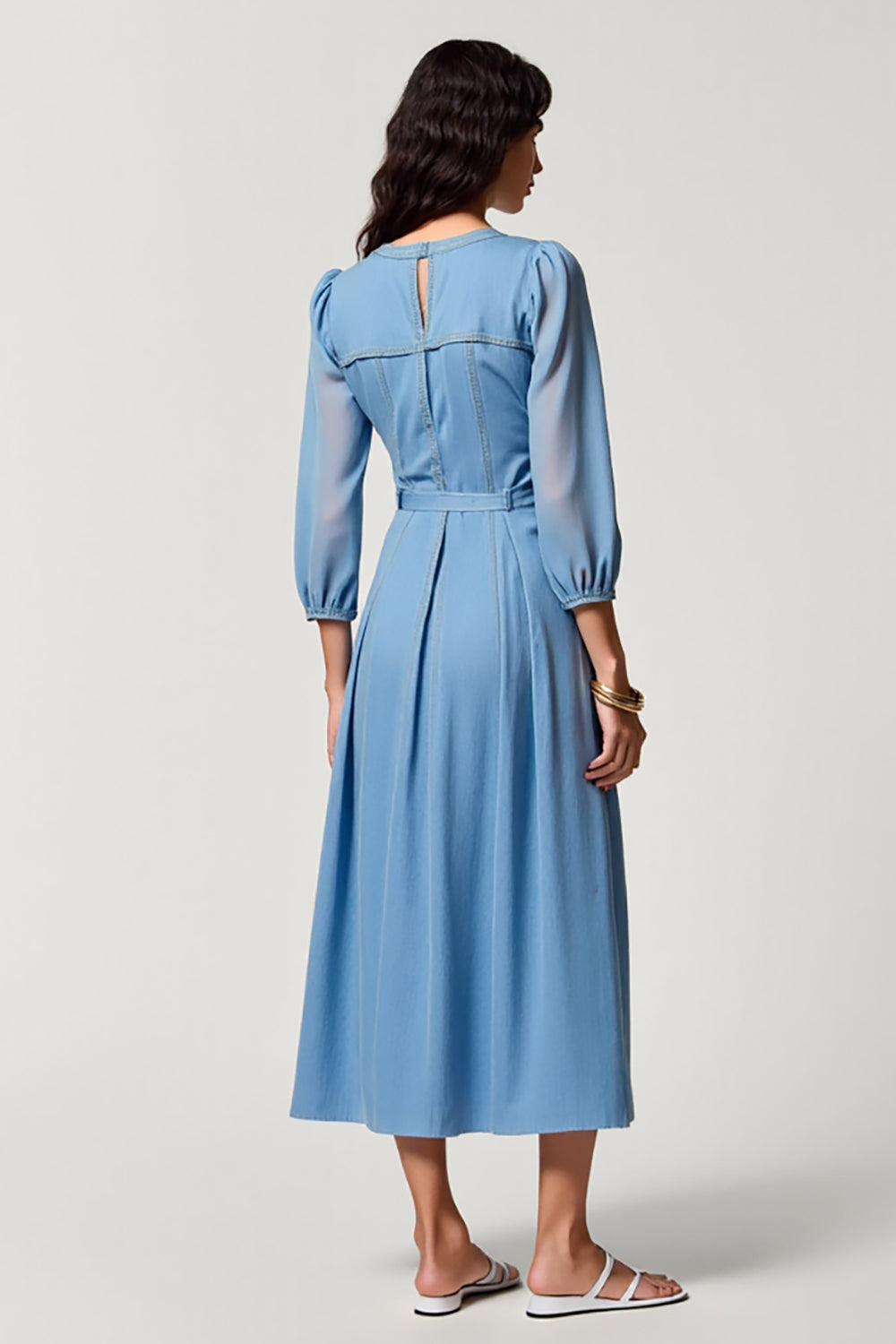 Blaues A Linie Midi Kleid für Hochzeitsgäste mit Schlüsselloch und 3/4 Ärmeln