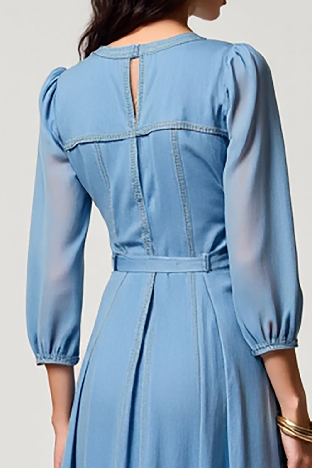 Blaues A Linie Midi Kleid für Hochzeitsgäste mit Schlüsselloch und 3/4 Ärmeln