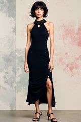 Schwarzes Neckholder Rückenfreies Midikleid aus Satin mit Schlitz