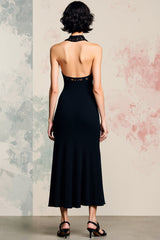 Schwarzes Neckholder Rückenfreies Midikleid aus Satin mit Schlitz