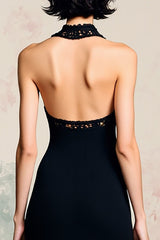 Schwarzes Neckholder Rückenfreies Midikleid aus Satin mit Schlitz
