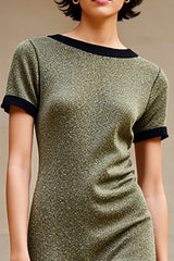Olive Langes Hochzeitsgastkleid mit U-Boot-Ausschnitt und kurzen Ärmeln