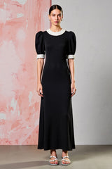 Schwarzes aLnges Partykleid mit Rundhalsausschnitt und kurzen Ärmeln