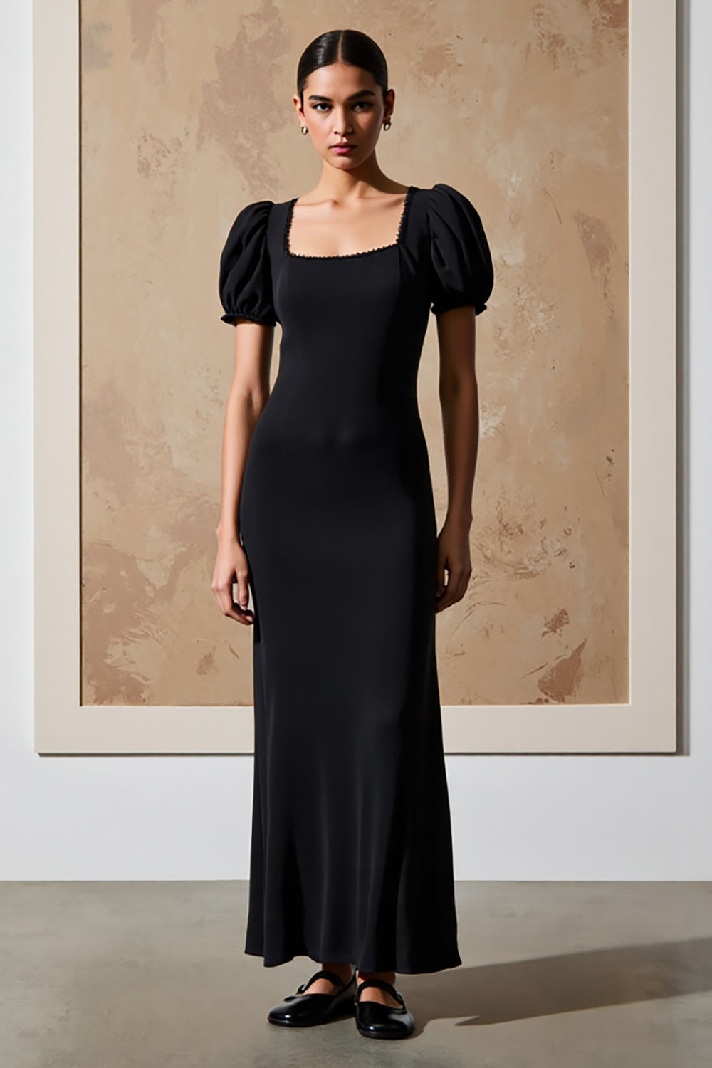 Schwarzes Langes Partykleid mit quadratischem Ausschnitt und Puffärmeln