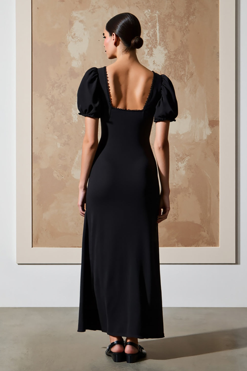 Schwarzes Langes Partykleid mit quadratischem Ausschnitt und Puffärmeln