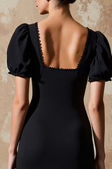 Schwarzes Langes Partykleid mit quadratischem Ausschnitt und Puffärmeln